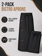 2 Packs Long Bistro Server Aprons with Two Pockets Black
