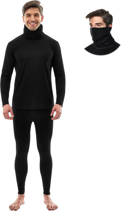 100% Merino Wool Base Layer Mens - Thermal Underwear Set with Neck Gaiter | Midweight, Breathable Merino Wool Shirts