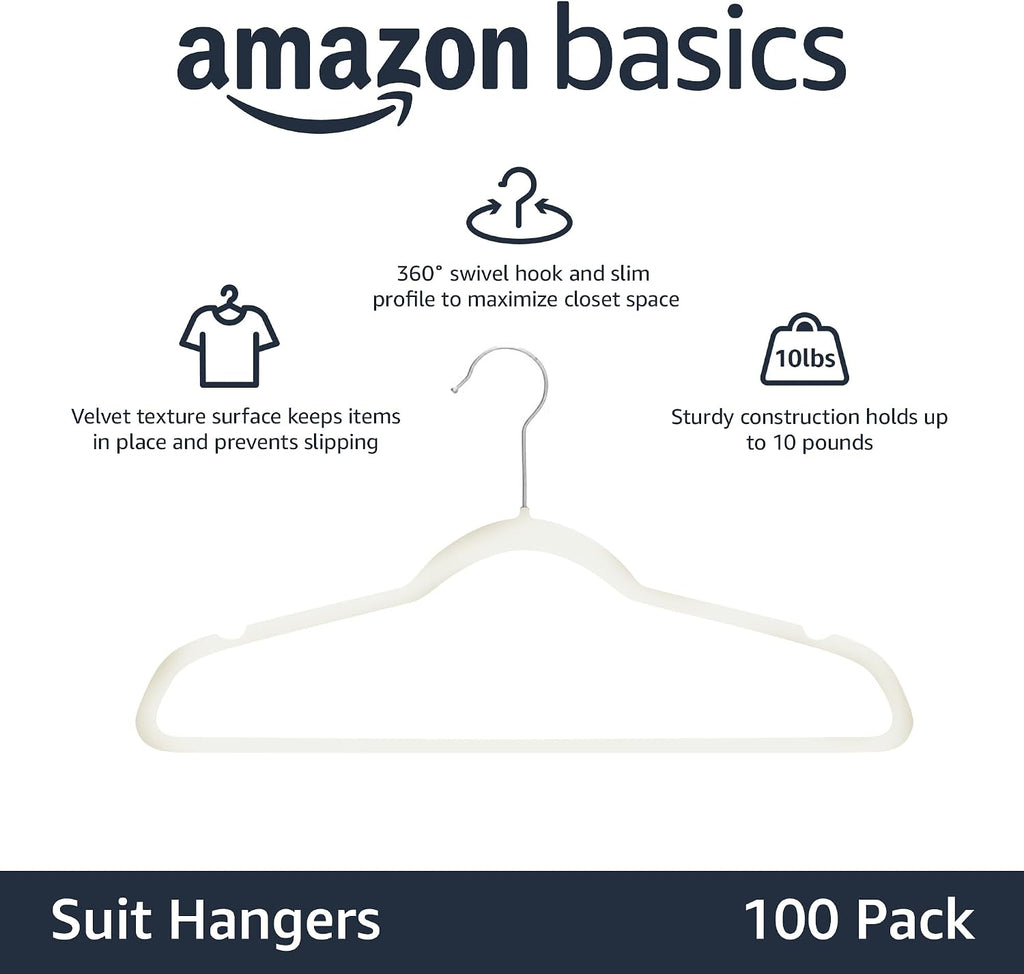 Slim Velvet Non-Slip Space Saving Suit Clothes Hangers for Closet Organization, Ivory/Beige, 100-Pack