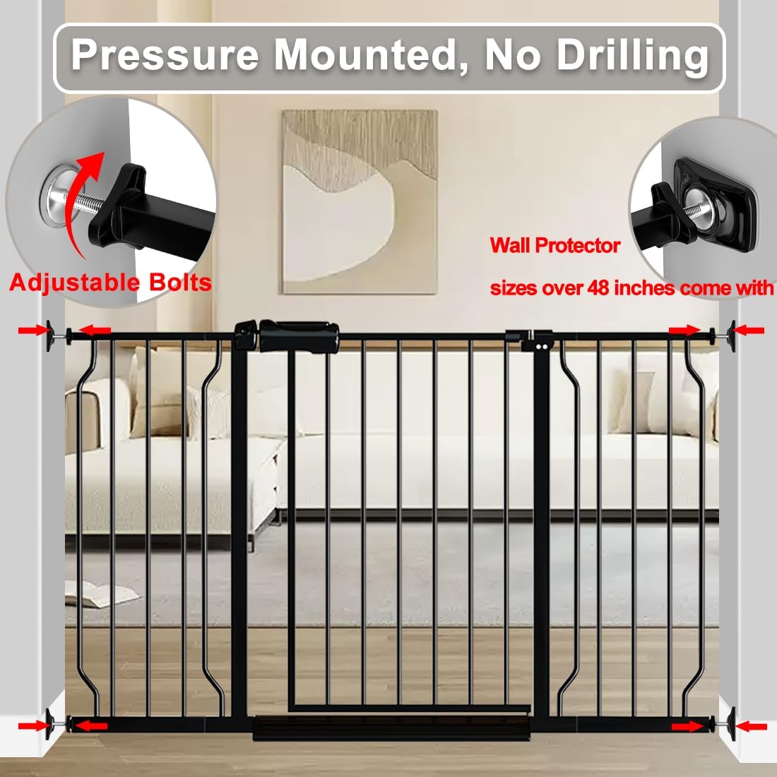 Extra Wide Baby Gate Black 57.5-62 Inch Wide, Walk Through Pressure Mounted No Drill for Doorways, Long and Large