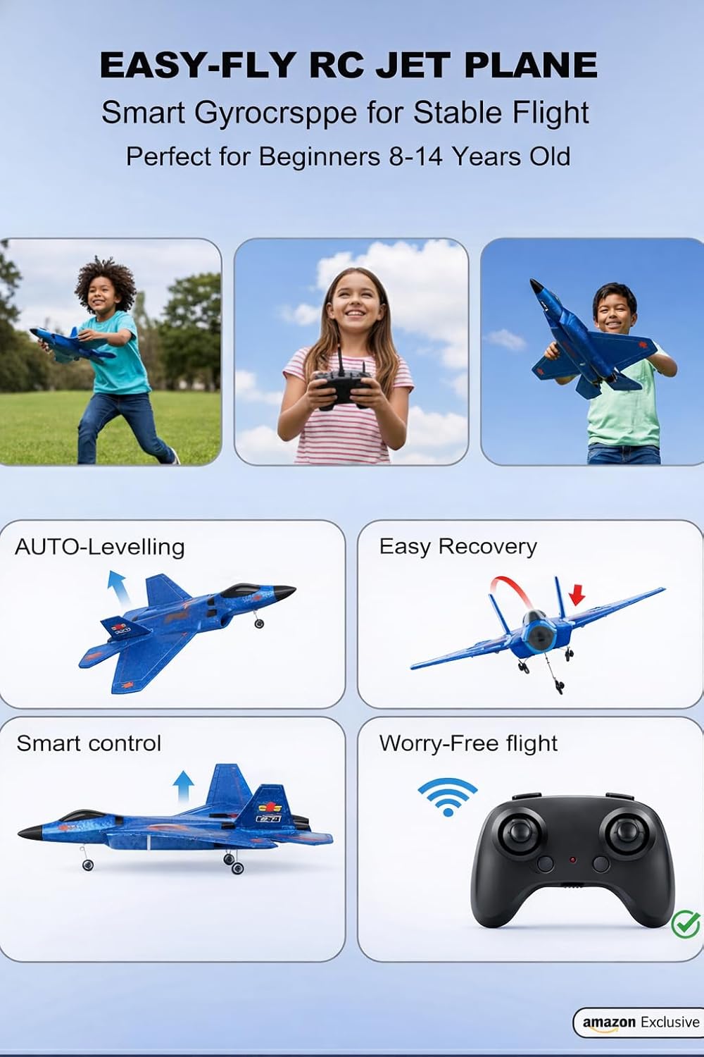 F-22 RC Airplane, 2.4GHz Easy to Fly Foam RC Plane, 2 CH RTF, Blue | Smart Gyro Stabilizer, LED Lights, 3