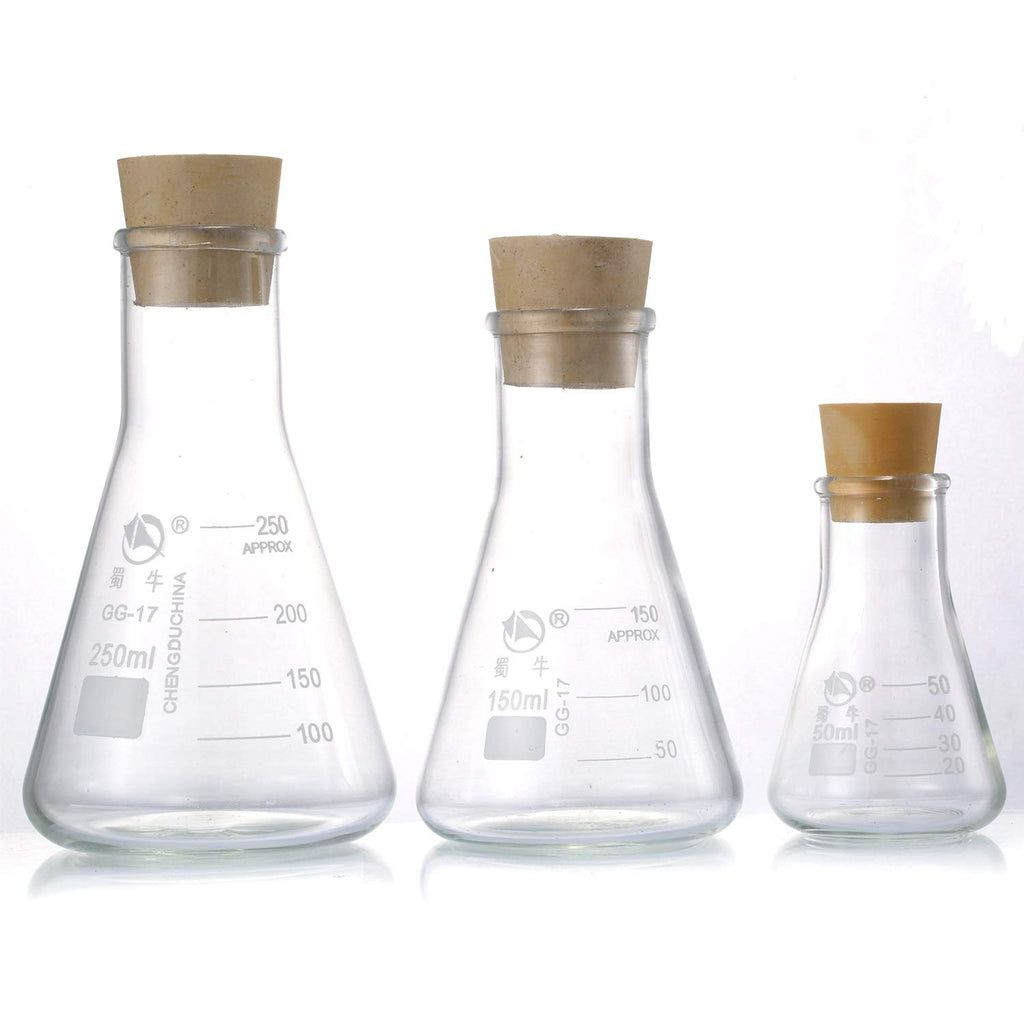 Glass Erlenmeyer Flask Set, (250 ml, 150 ml & 50 ml) Graduated Borosilicate Glass Erlenmeyer Flasks with Rubber
