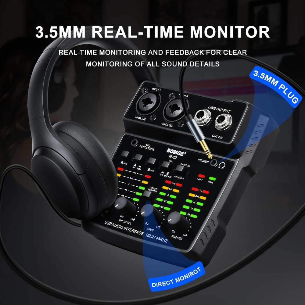 M12 USB Audio Interface, 2-Channel Mixer, XLR/3.5mm Input, 48V Power Supply, Sound Card for PC Recording, Studio