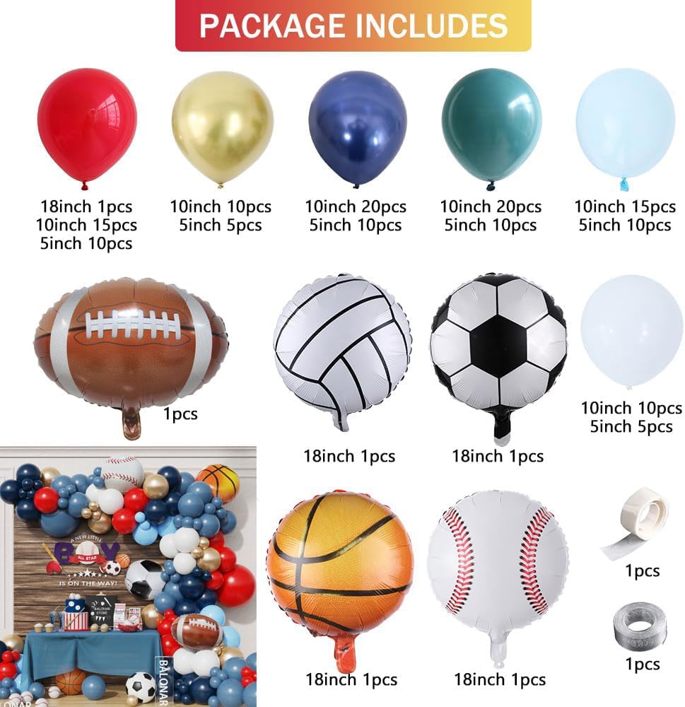 Dusty Blue Sport Theme Birthday Party Balloons Garland Arch Kit with 149pcs Football Vollyball Soccer Baseball