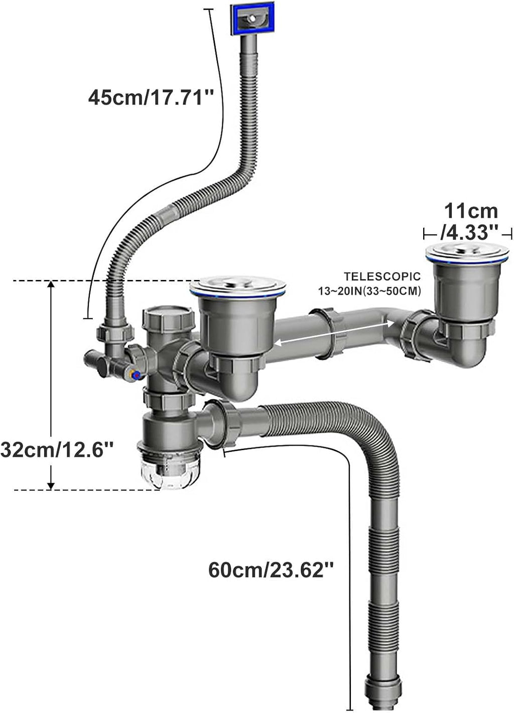 Double Sink Drain Kit Space Saving Kitchen Sink Drain Kit Expandable Flexible 1 1/2" P-Trap Pipe 3-1/2 Inch Sink