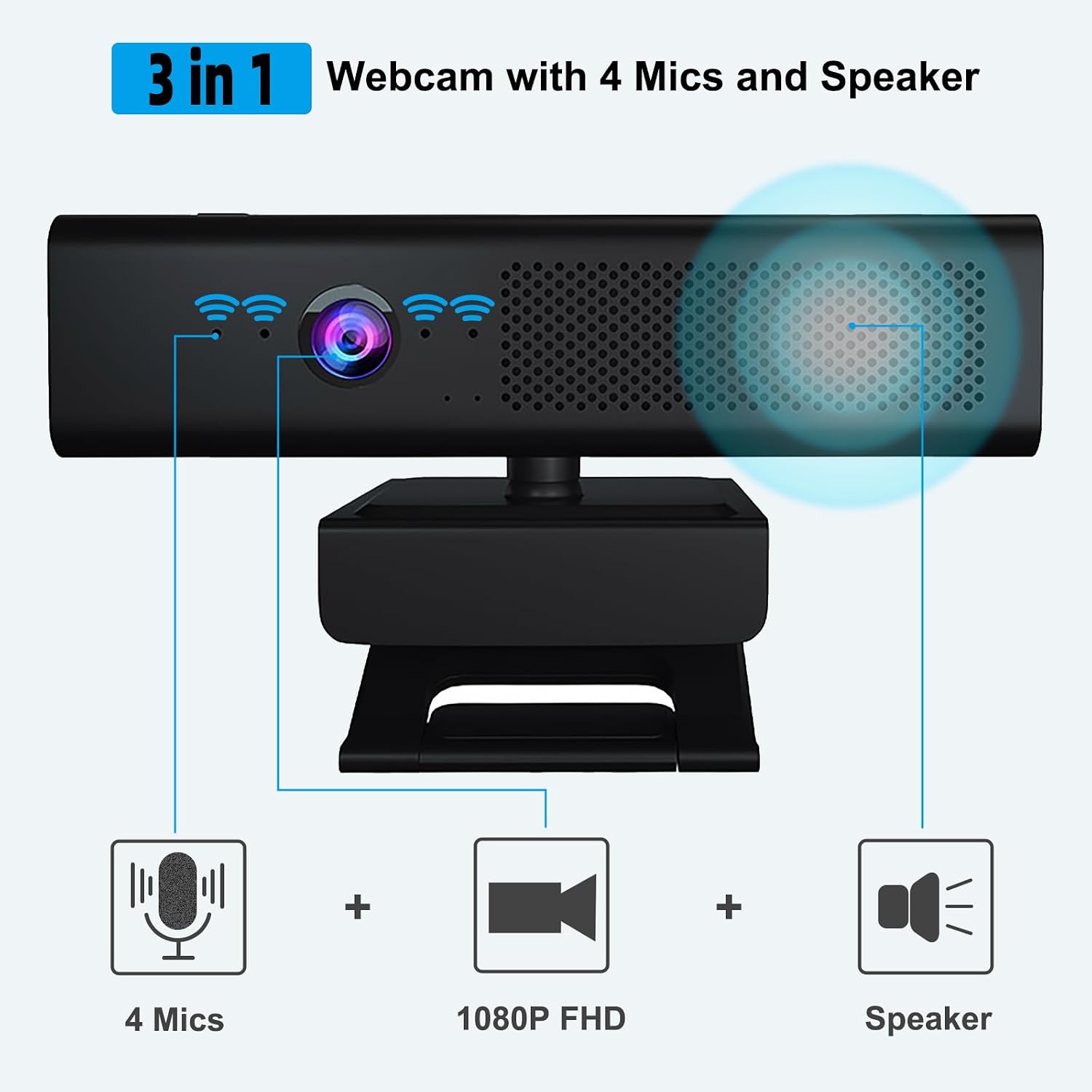Full 1080P HD 3-in-1 Webcam: Camera and Speaker for Desktop Computer with Built-in 4 Microphones, External USB Web