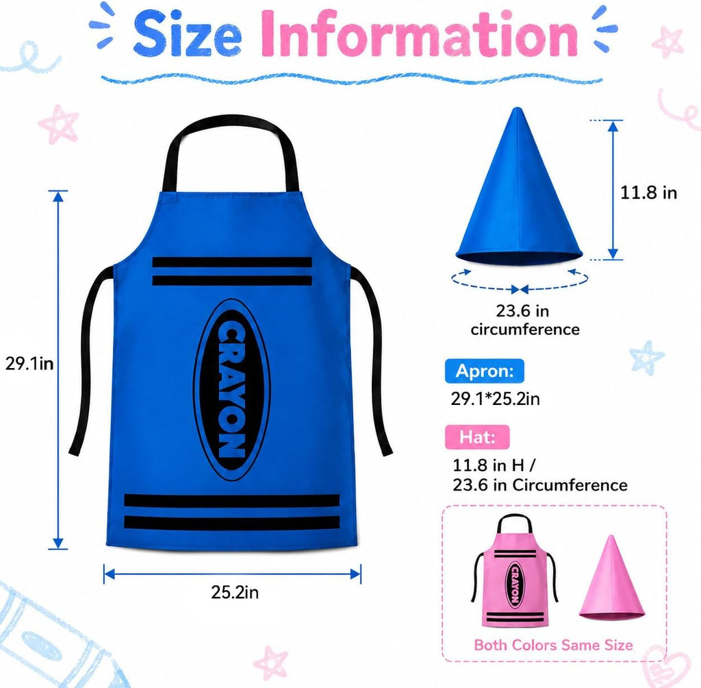 Crayon Costume Set for Adults - School Halloween Dress Up Outfit | Polyester Crayon Outfit with Apron and Cone Hat
