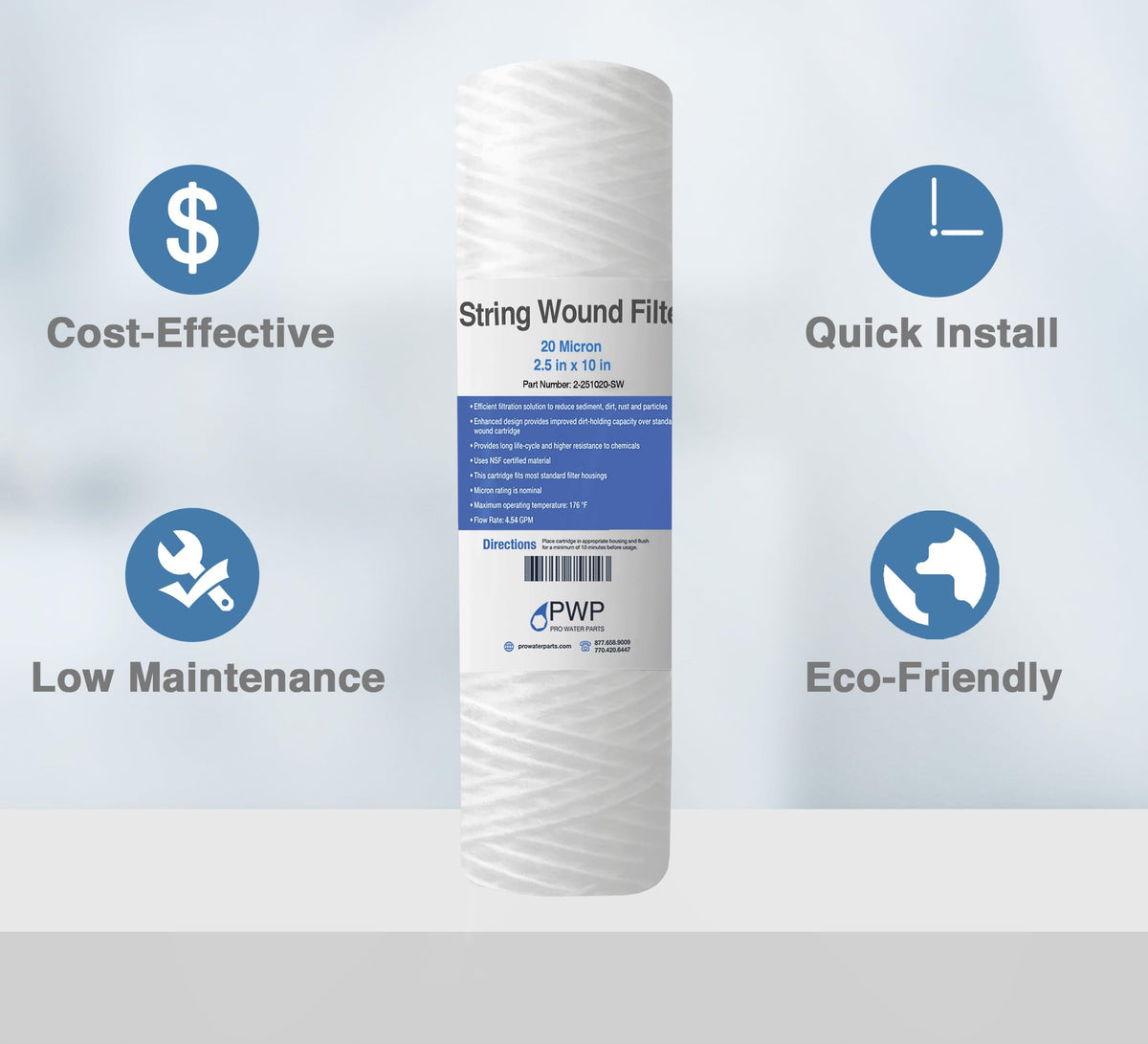 Sediment String Wound Water Filter Cartridge Standard 2.5x10" 20 Micron 25 Pack