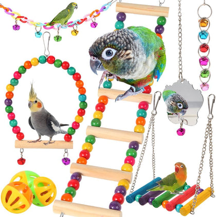 Bird Toys for Parakeets, Parrots, Conures, Cockatiels, Love Birds, Finches, Mynah, Budgerigar - 9Pcs Wooden Ladder