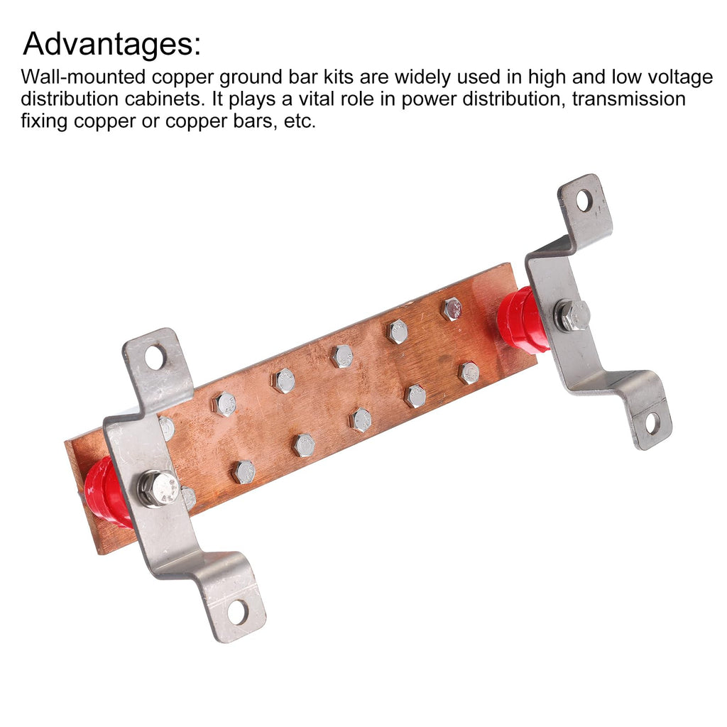 MECCANIXITY Wall Mounted Copper Ground Bar 10"x2"x1/4" with 12 Terminal