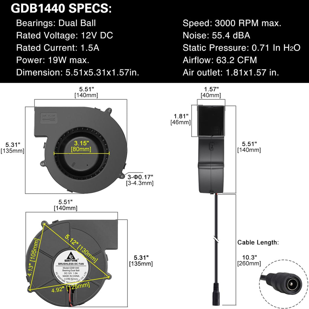 GDSTIME 140mm x 40mm Variable Speed Blower Fan, 110V 120V AC Powered 1440