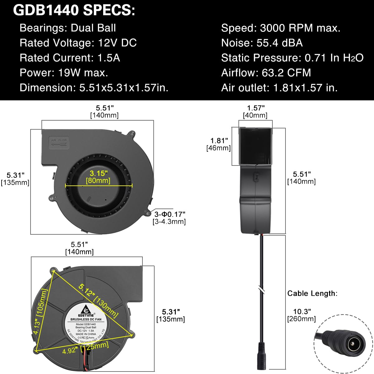 GDSTIME 140mm x 40mm Variable Speed Blower Fan, 110V 120V AC Powered 1440