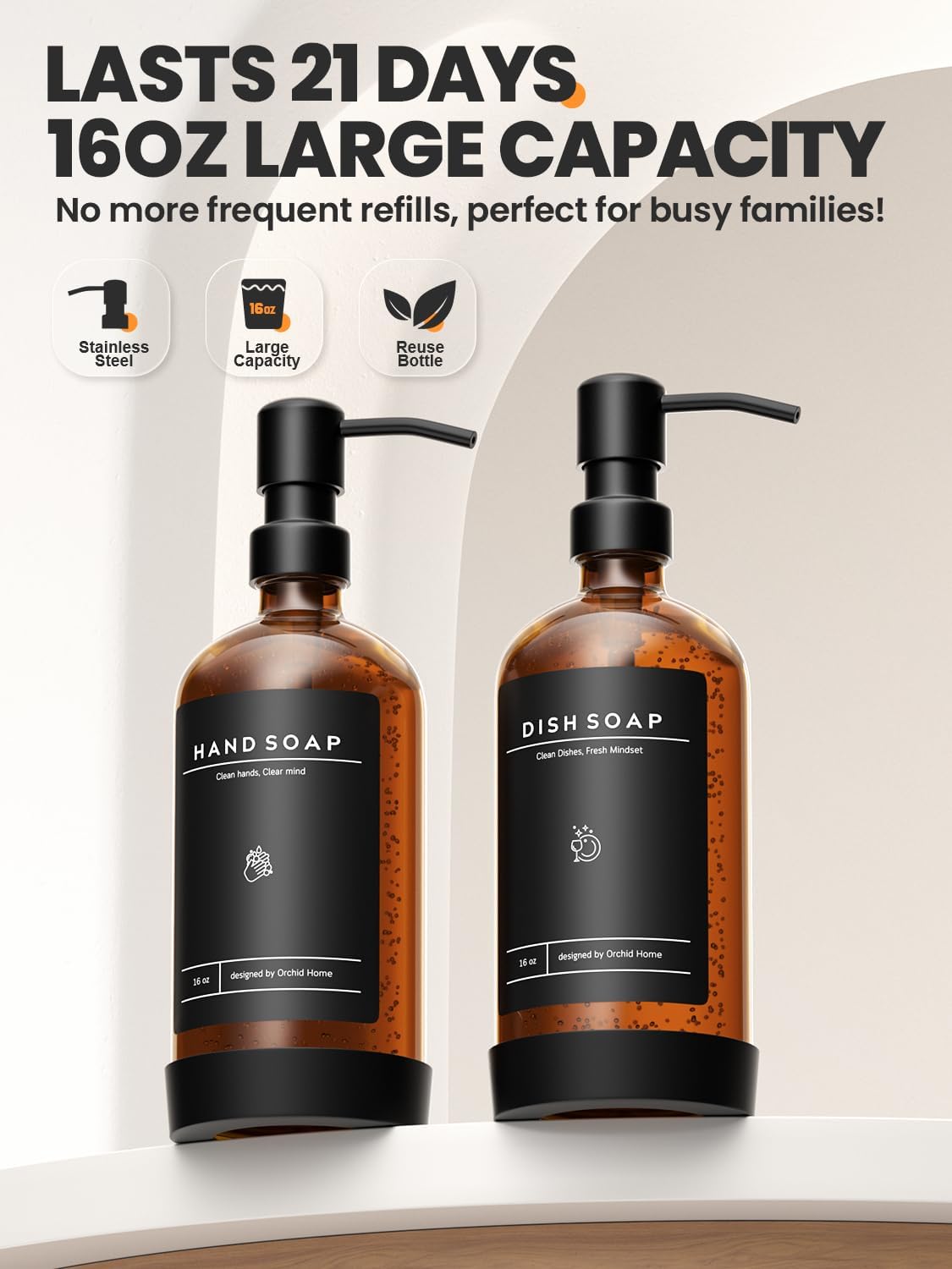 [Luxury] Kitchen Soap Dispenser Set - 16OZ Amber Glass Bottle, Stainless Steel Pump, Instant Dry Tray, Waterproof