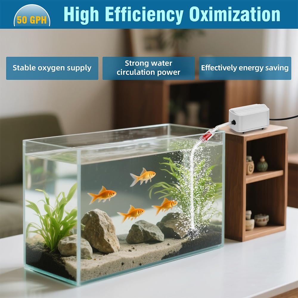 Quiet Aquarium Air Pump 3W Fish Tank Oxygen Aerator Pump with Air Stone Airline Tubing Check Valve Aquarium Bubbler