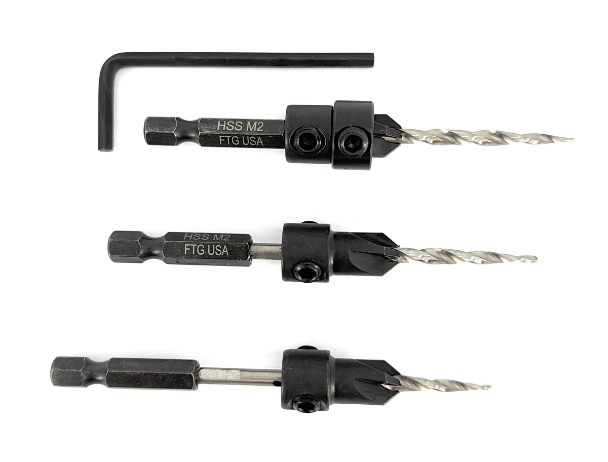 FTG USA 3-Pk #6 (9/64") Countersink Drill Bit Set, 1 Stop, 1 Wrench & Case