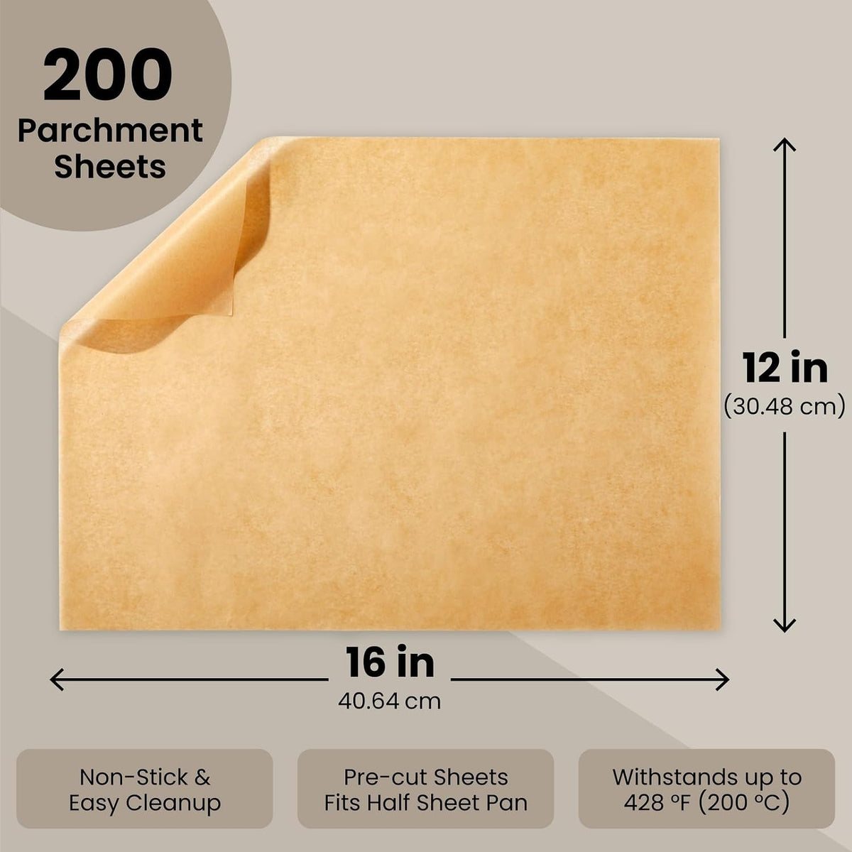 Parchment Paper Sheets - 200 Pack, 12 x 16 in, Unbleached Brown - Nonstick Half Sheet Pan Liners & Parchment Paper