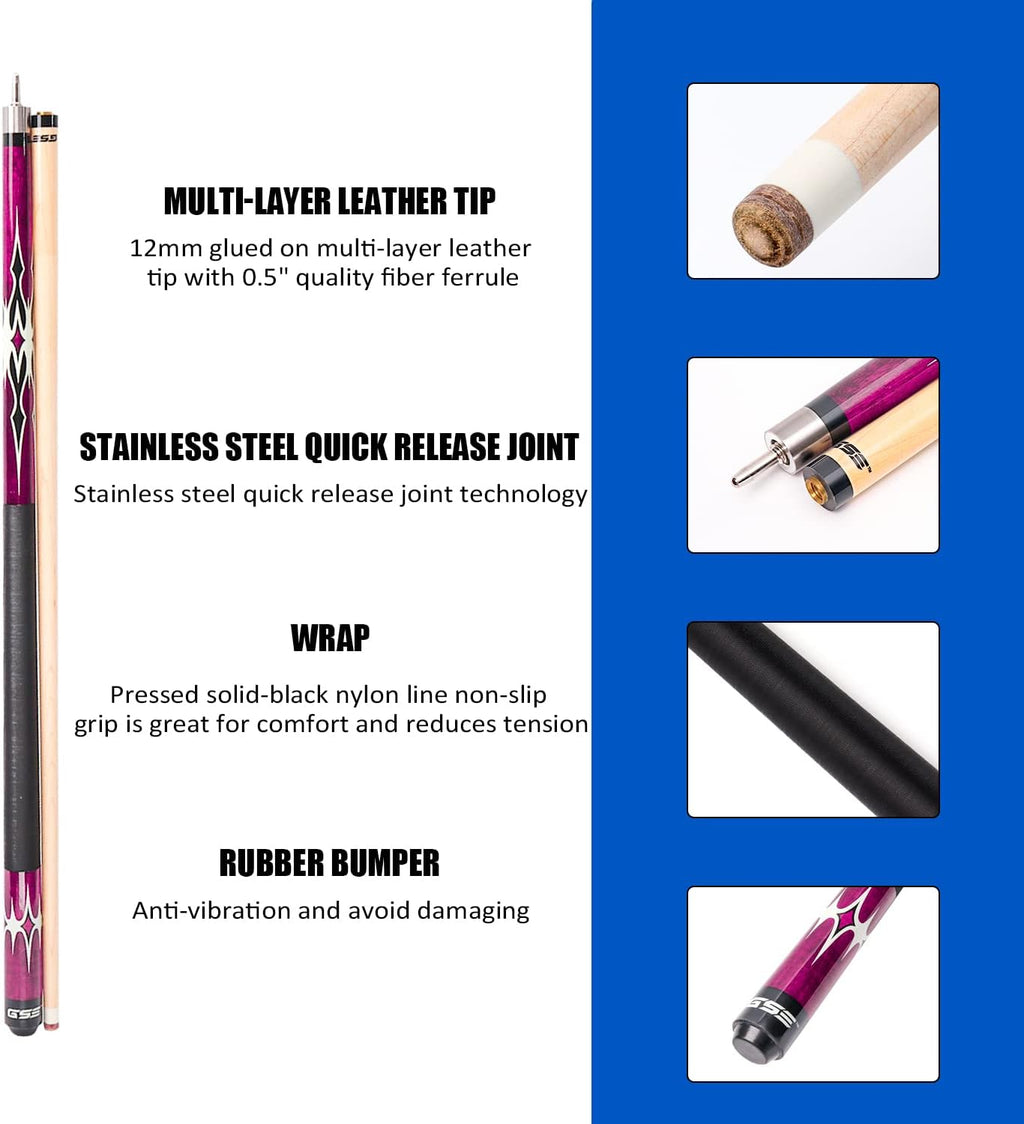 GSE 58" 2-Piece Canadian Maple Hardwood Billiard Cue Sticks, 18/19/20/21oz | Several Colors, 12mm Leather Tip, Quick