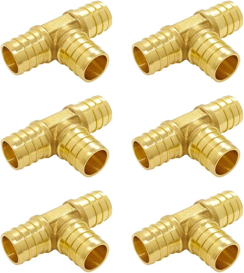 Hooshing 6 Pack 3/4" Pex Tee Fittings, Heavy Duty Brass Crimp Fitting