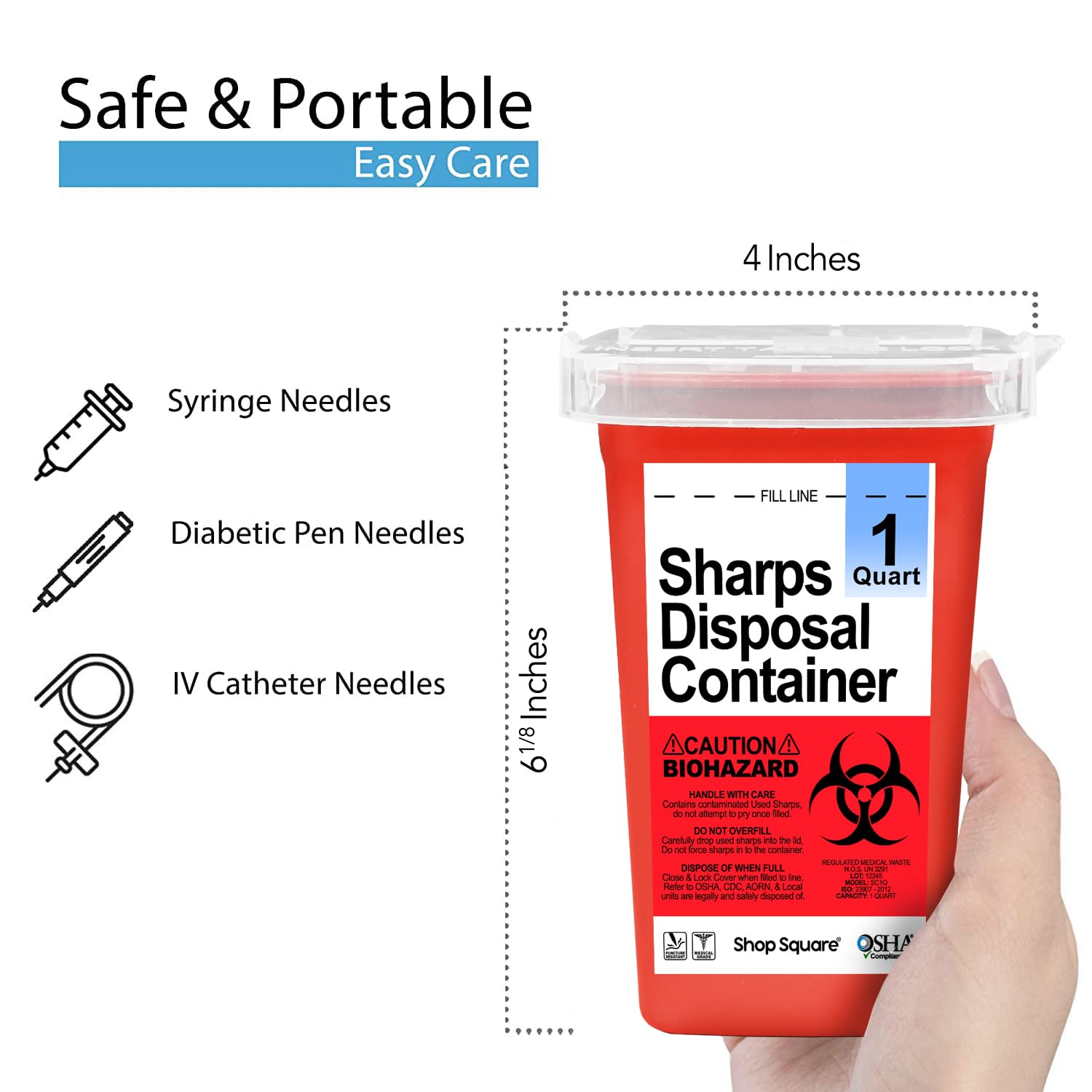 Sharps Containers for Home Use - 1 Quart (3-Pack) Biohazard Syringe and Needle Disposal Containers - Small Sharps Box