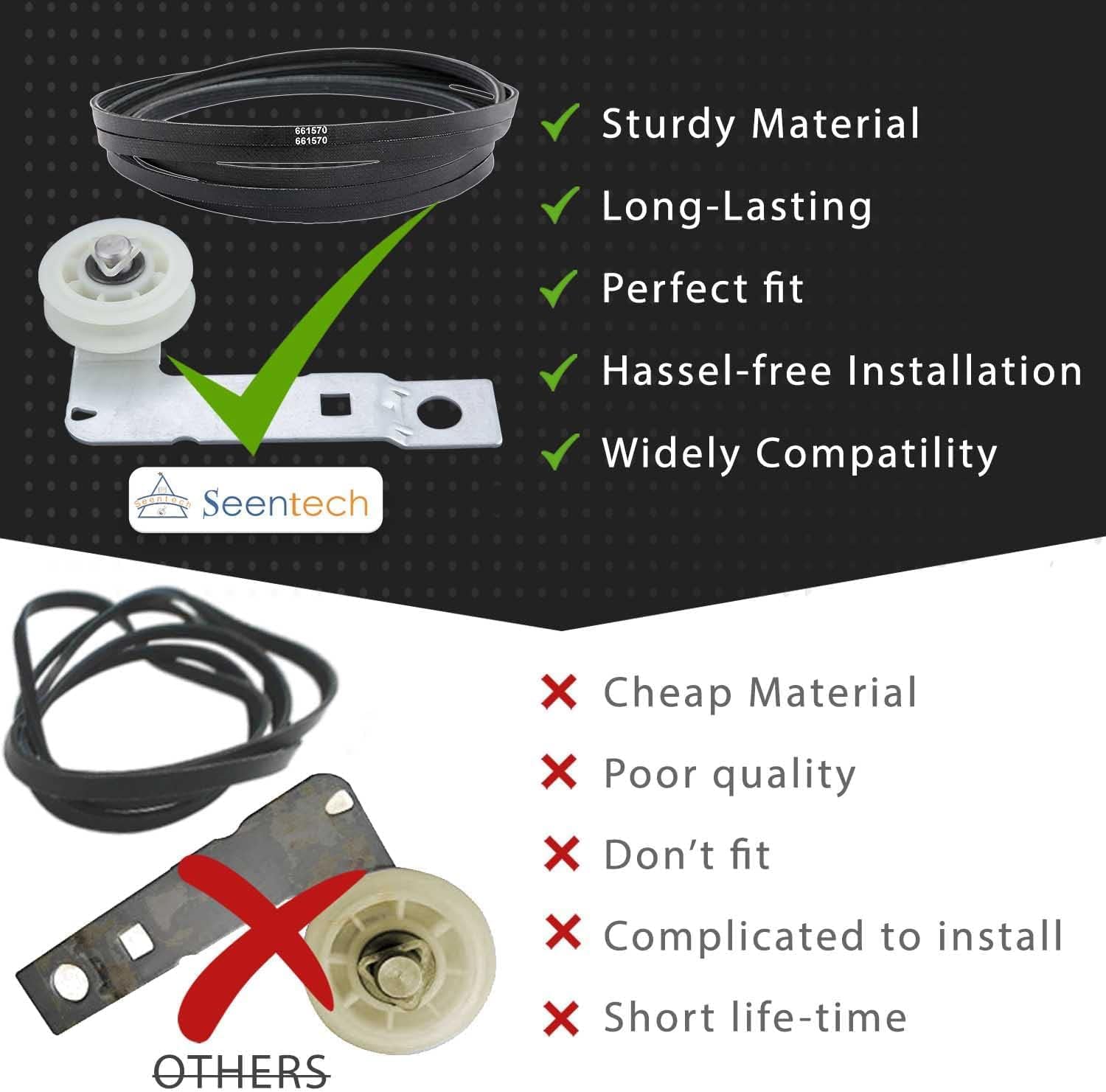 661570 Dryer Drum Belt & W10837240 Dryer Idler Pulley by Seentech - Exact fit Whirlpool Kenmore Dryers - Replaces