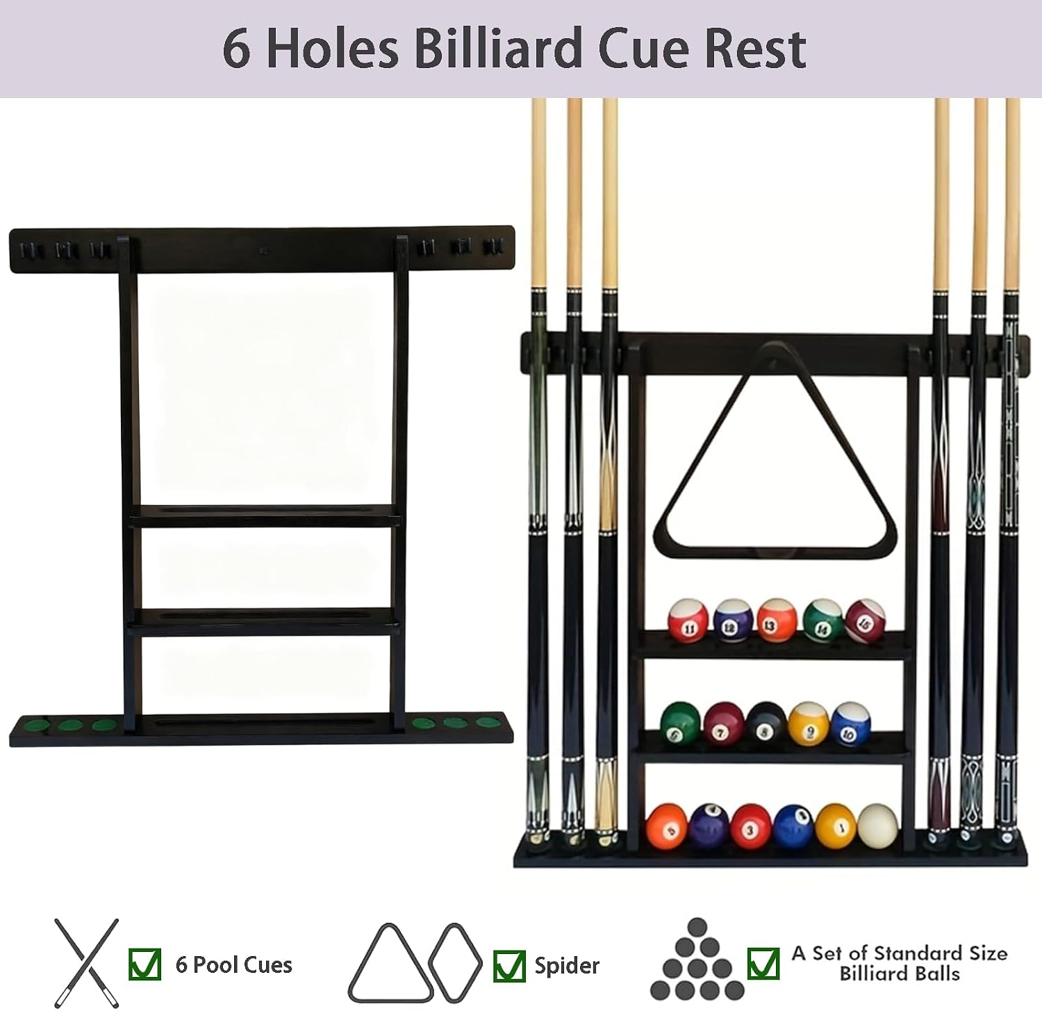 Pool Stick Holder Wall Mounted Pool Cue RackSolid Wood Billiard Stick Holder with Accessory Shelf, Heavy Duty Game