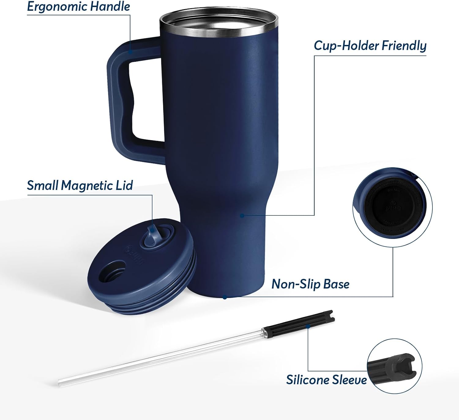 Navy 40oz Insulated Tumbler with Handle and Reusable Hidden Straw | Triple-wall Vacuum Insulated Stainless Steel for