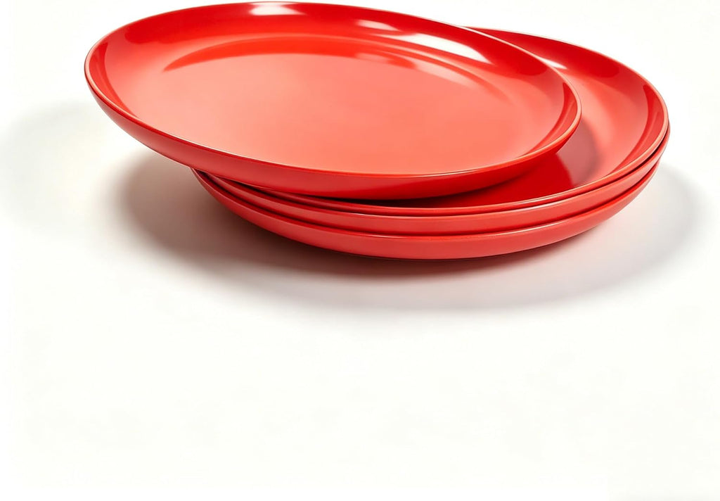 Set of 4 100% Melamine Dinner Plates, 10 in Dessert Plate, Red