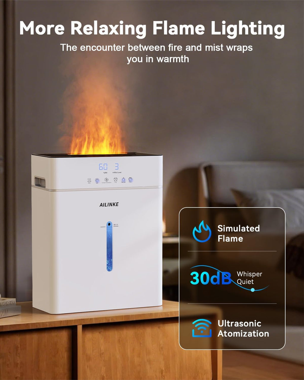 Humidifiers for Bedroom Large Room 10L/2.64Gal, Warm and Cool Mist Humidifier Large Room, Simulated Flame Humidifier