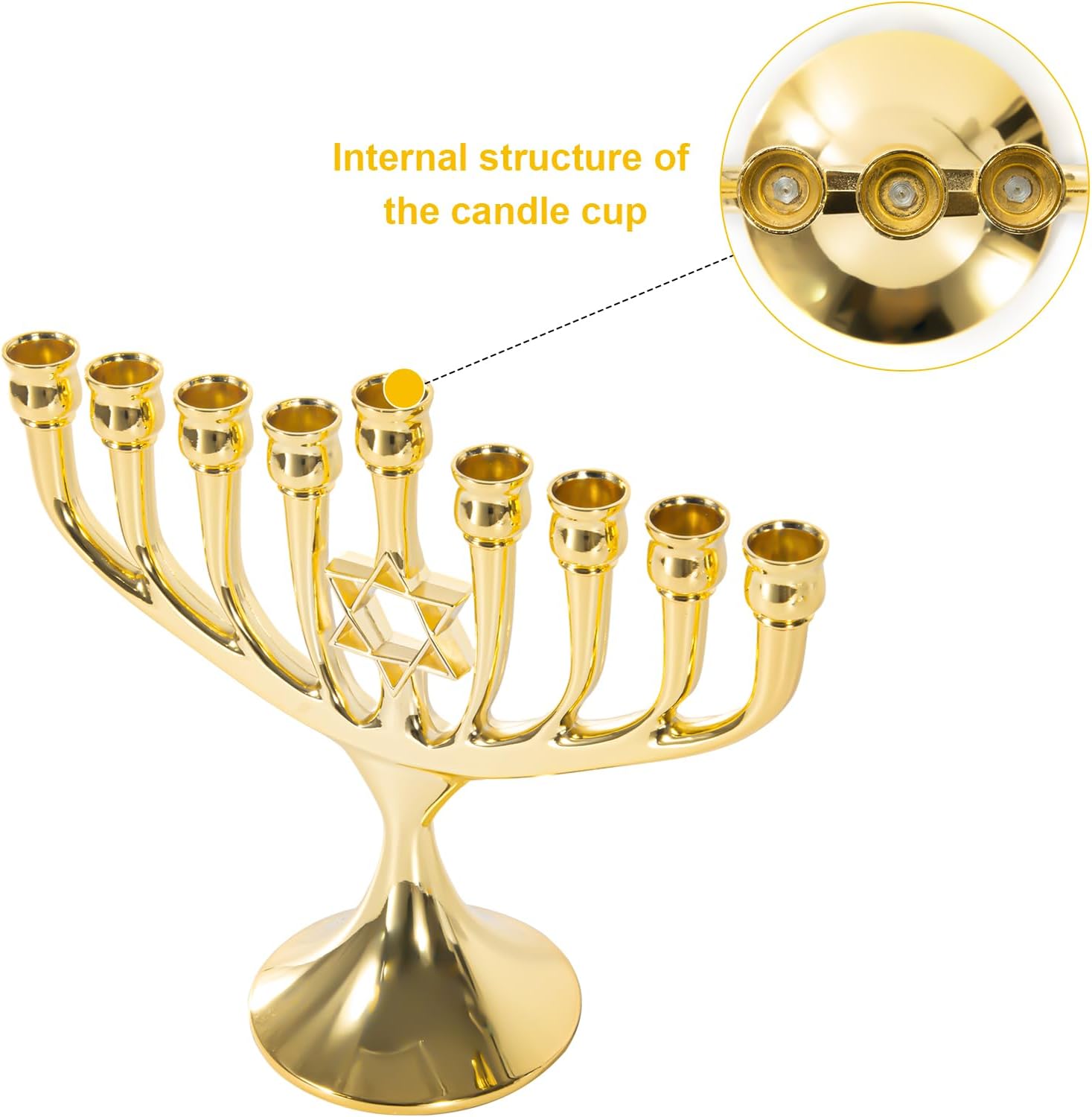 Hanukkah Menorah Upgrade Cups with Built-in Pins, Star of David Candle Holders 9 Branches Gold Plated Candlesticks