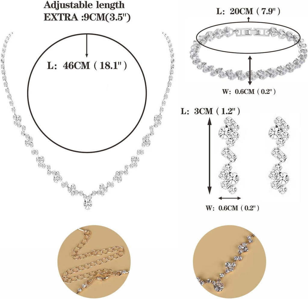 Crystal Wedding Jewelry Set, Silver Necklace Earrings Bracelet Crystal Bridal Wedding Jewelry Sets for Brides