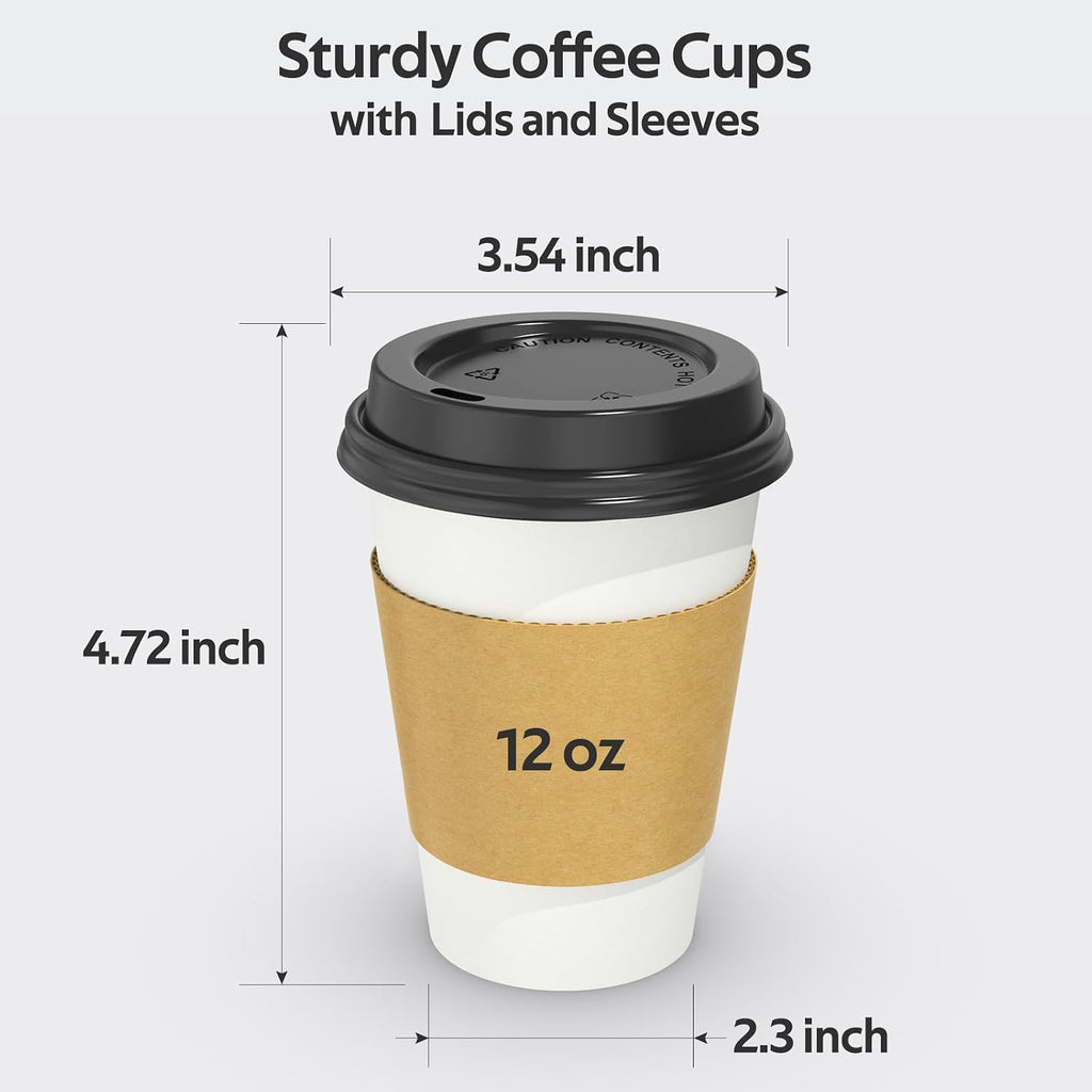 100 Pack 12 oz Disposable Coffee Cups with Sip Lids and Sleeves