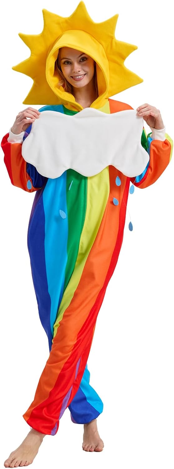 Rainbow Onesie Pajamas with Sun-Shaped Hood,Detachable Cloud, Colorful Halloween Costume Jumpsuit for Adults