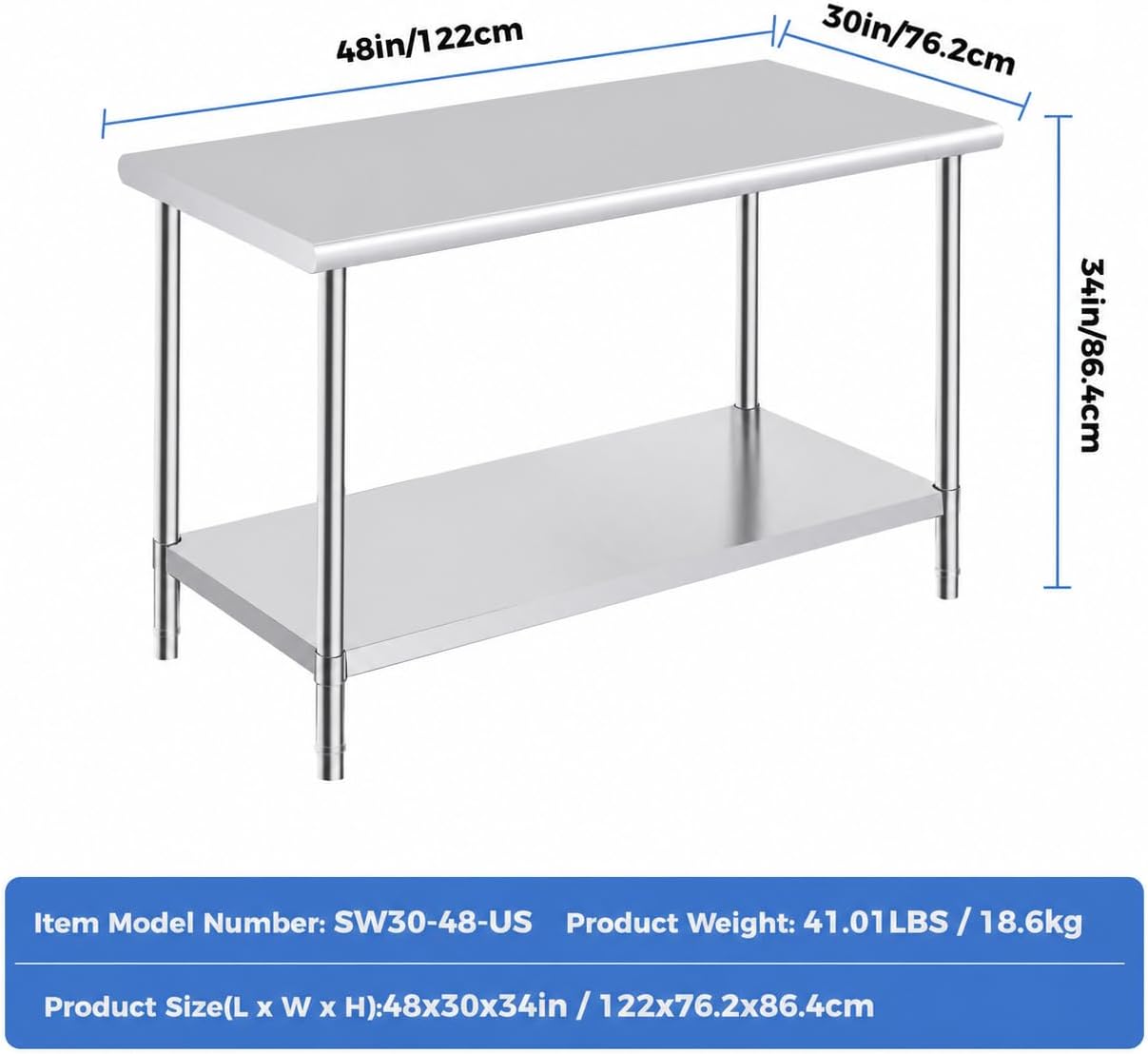 Stainless Steel Prep Table 30 x 48 Inches | NSF certified work table with adjustable undershelf for kitchen, garage