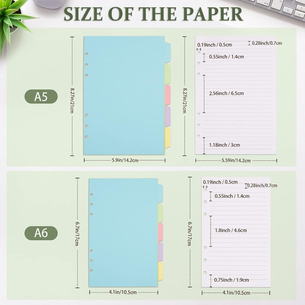 A5 Refill Paper, Planner Inserts for A5 Binder Budget Planner Journals Notebook, 6 Ring Loose Leaf Lined Paper with
