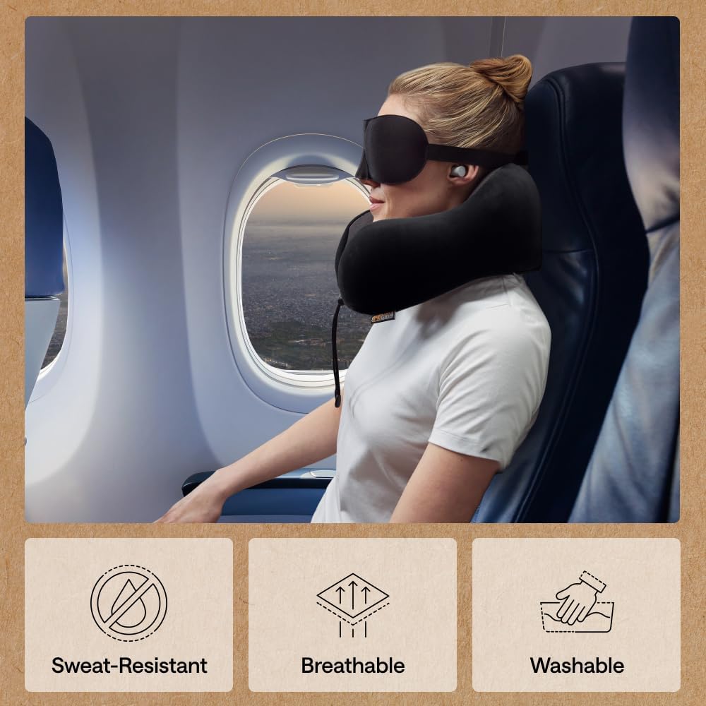 Travel Neck Pillow for Airplanes, CertiPUR-US Memory Foam Cooling Mesh Pillows, Soft Velvet Washable Cover, Support