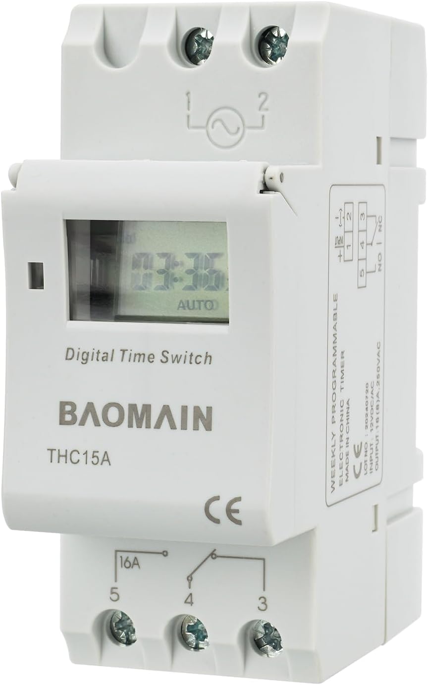 BAOMAIN 12V AC/DC Digital Programmable Timer Switch 16A DIN Rail Mount
