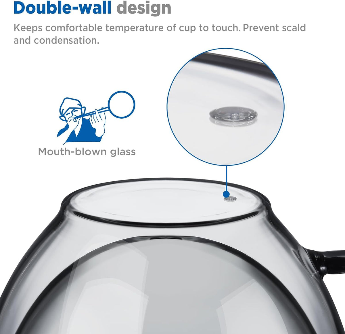 Black Double Walled Glass Coffee Mug 12 oz Cappuccino Cups Set of 2