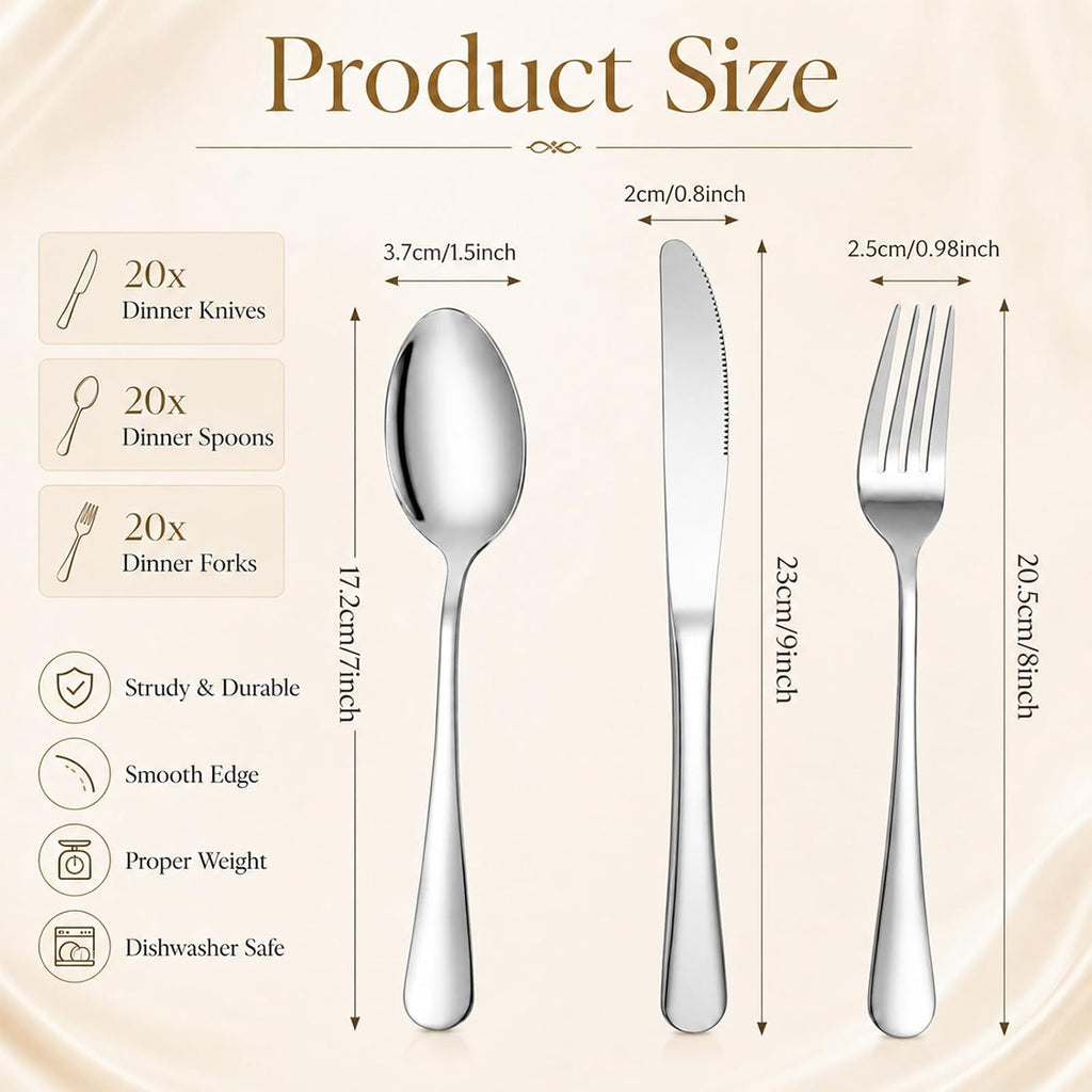 60 Piece Silver Forks and Knives Set for 20, Stainless Steel Silverware