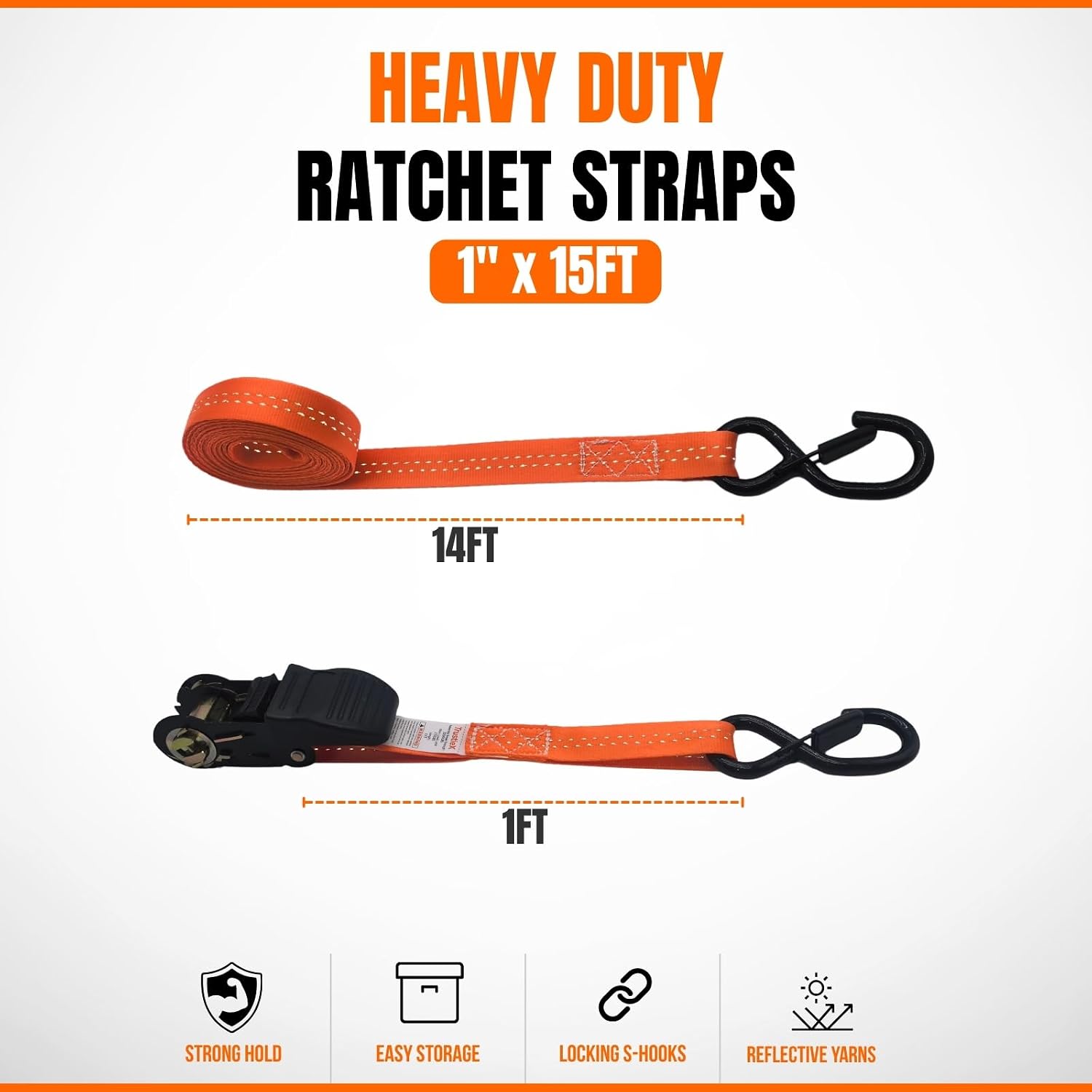 15FT Ratchet Straps 4 Pack, 1 Inch 2200lb Heavy Duty Tie Downs Straps Trailer Straps for Trucks Cargo Straps, Orange