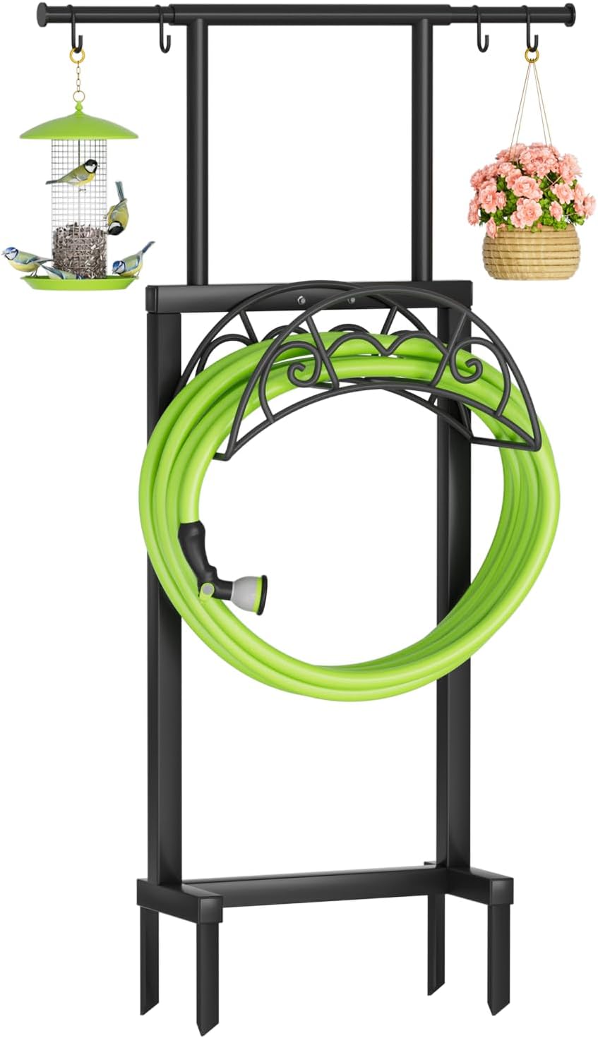 Garden Hose Holder with Telescopic Pole, Upgraded Heavy Duty Hose Stand Holds 150ft with 4 Spikes, Freestanding Metal
