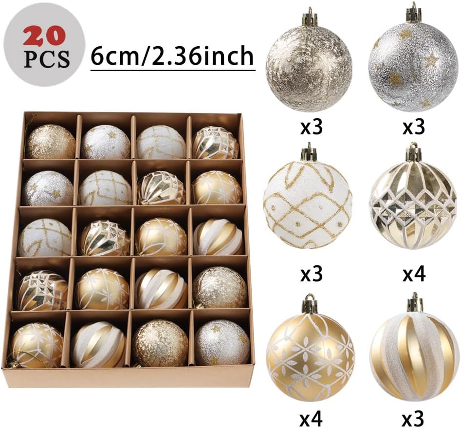 Christmas Ball Ornaments Set, 20ct 60mm Elegant White and Gold Assorted Christmas Tree Decorations, Shatterproof