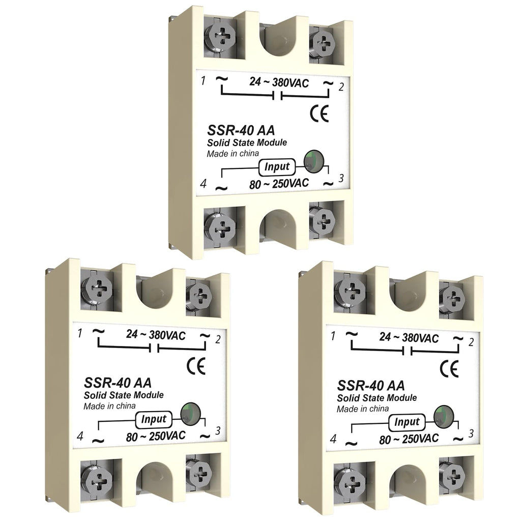 MAKERELE 3PCS Single Phase 40A AC Solid State Relay, 80-250VAC Input to 24-380VAC Output, Automatic Operation, Panel Mount, Normally Open Contact