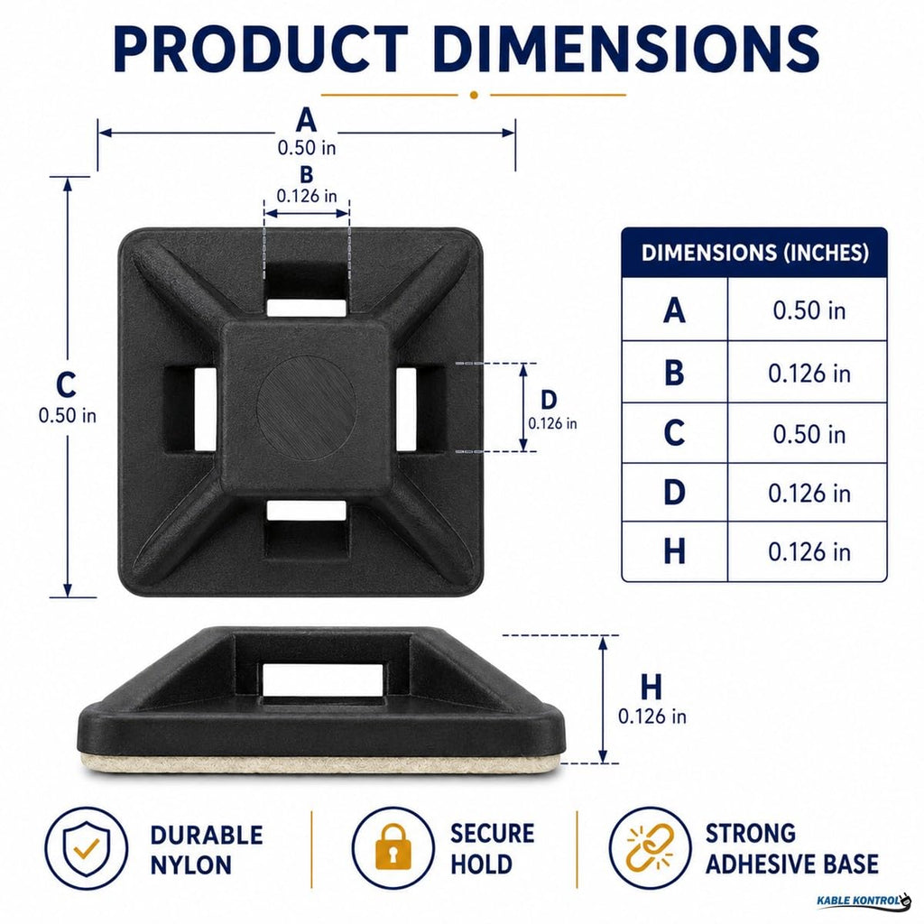 Kable Kontrol Zip Tie Mounts, 1/2” Black, 100 Pcs Adhesive Backed