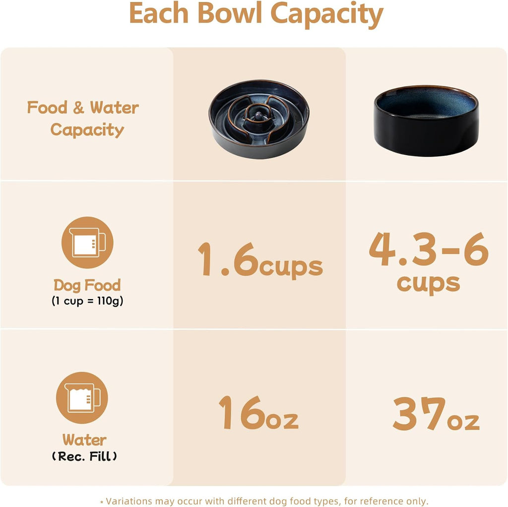 1.2 Cup Elevated Slow Feeder Dog Bowls, 7.3” Dog Slow Feeding Bowls + 6.1” Ceramic Dog Water Bowls Set with Acacia