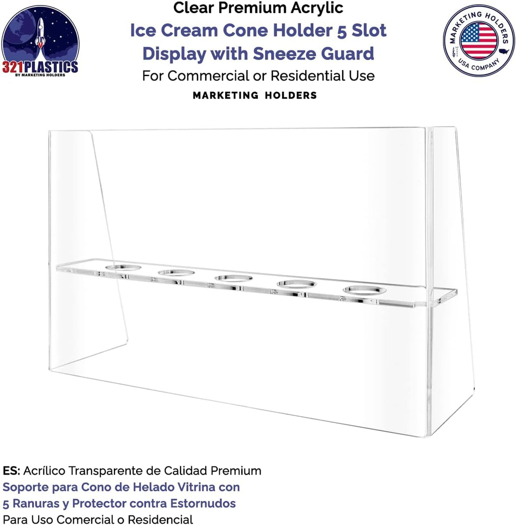Ice Cream Cone Holder 5 Slot Clear Acrylic Countertop Dessert Display with Sneeze Guard for Restaurants Catered