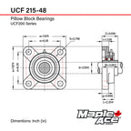 MAPLE ACE UCF215-48 Square Flange Bearing 3" Bore Self-Aligning (Qty 2)