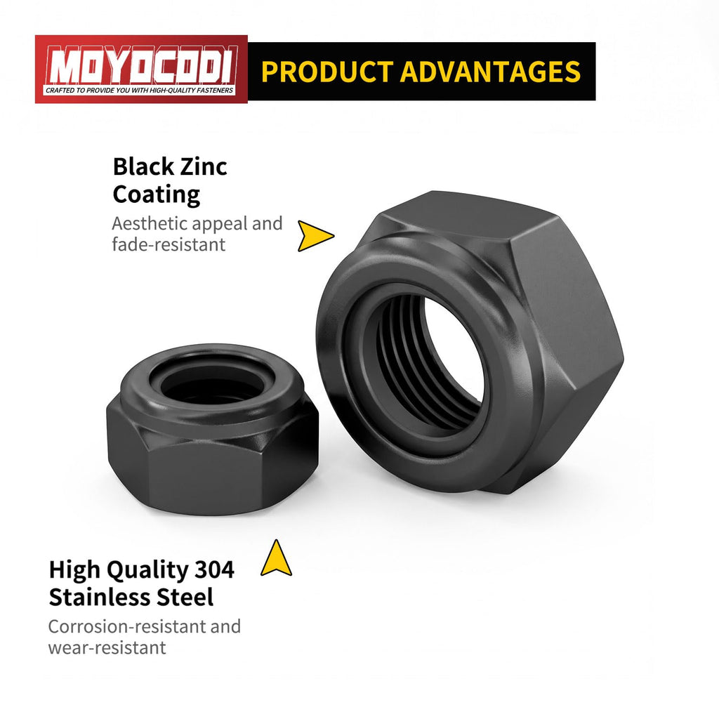 M3 (50 Pack) Nylon Insert Locknuts, Black Zinc Plated 18-8 (304) Stainless Steel Bright Finish Fully Thread