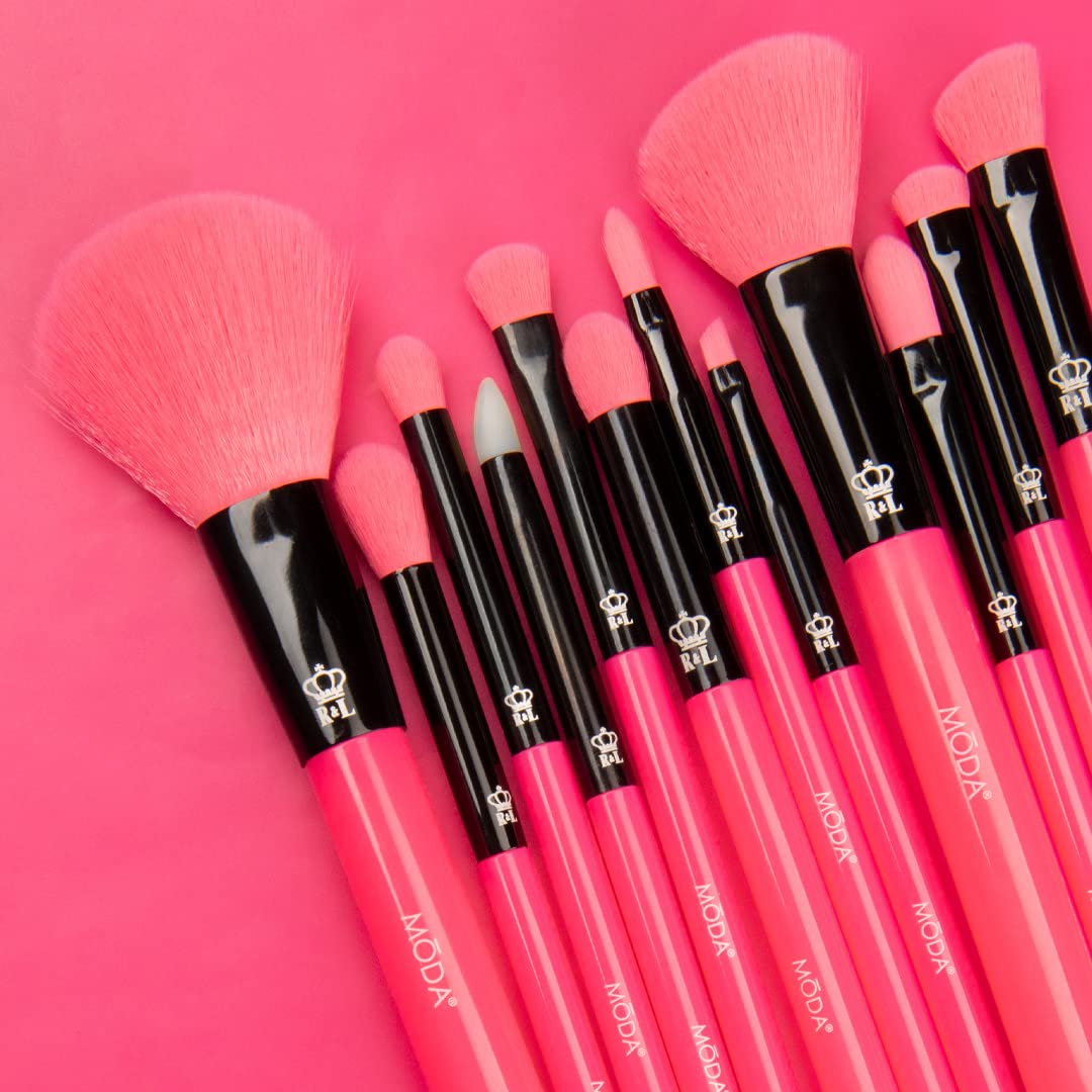 Neon Pink Makeup Brush Set, 12pc Vegan Face and Eye Brush Kit