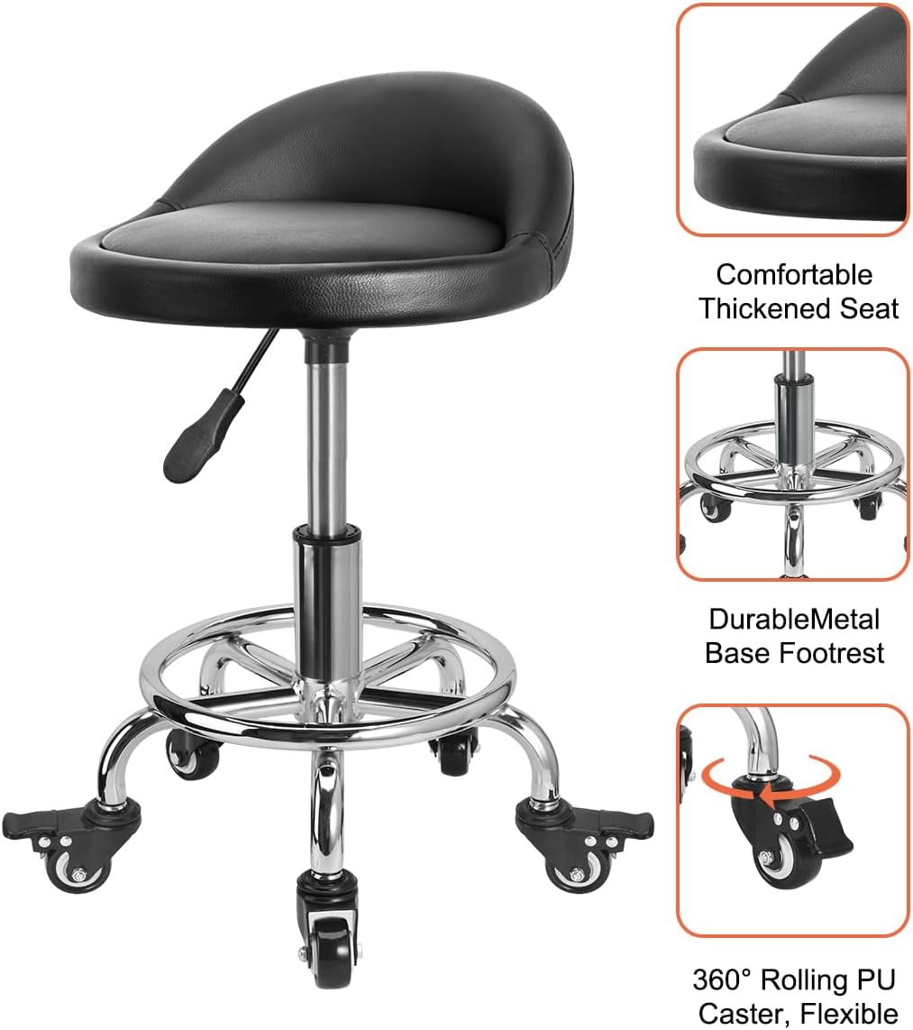 Rolling Stool Low Roller Seat PU Leather, Rolling Chair Height Adjustable, Garage Stool with Wheels for Manicure