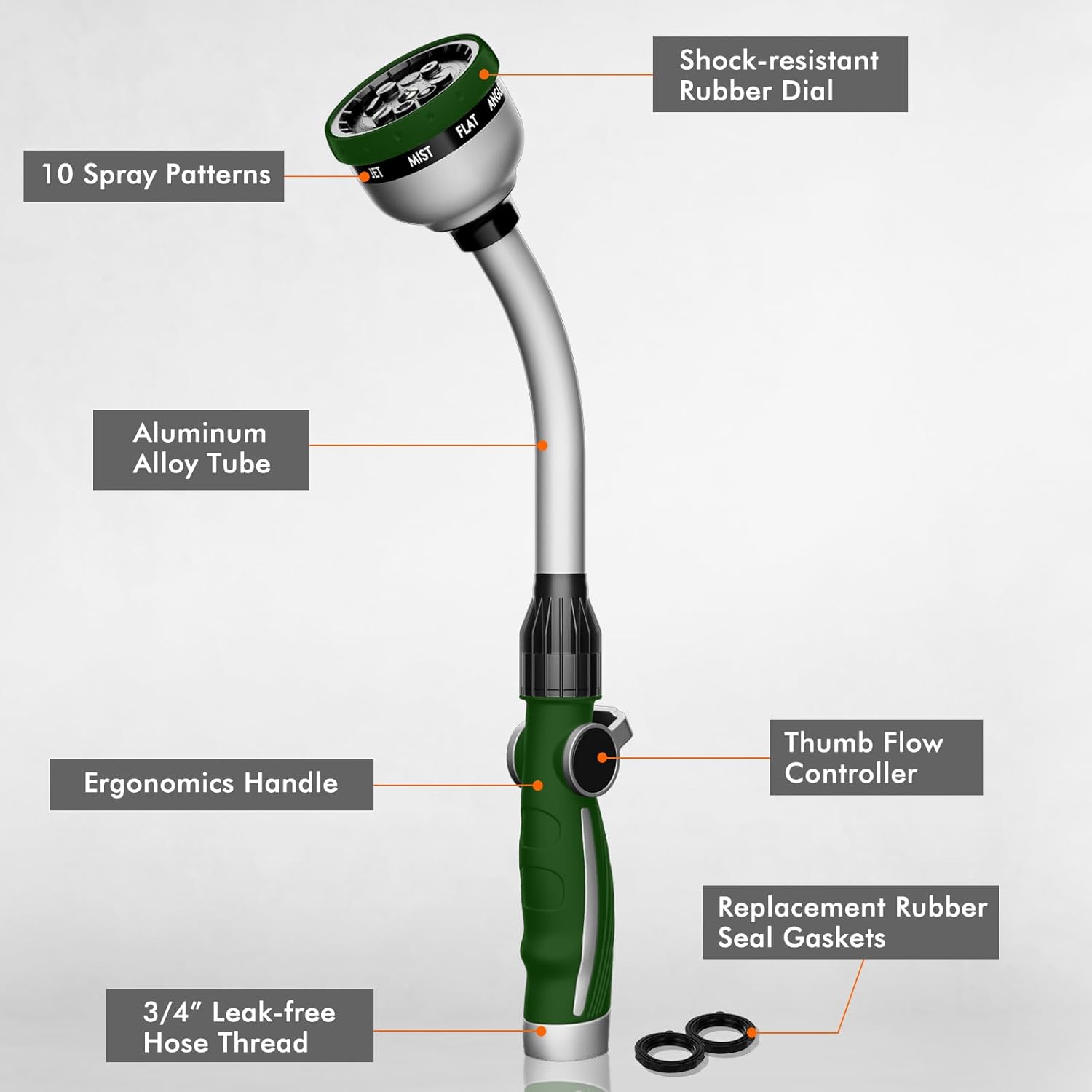 Watering Wand Heavy Duty, Metal Garden Hose Wand with 10 Spray Patterns, 15-Inch Long Hose Nozzle Sprayer with Thumb